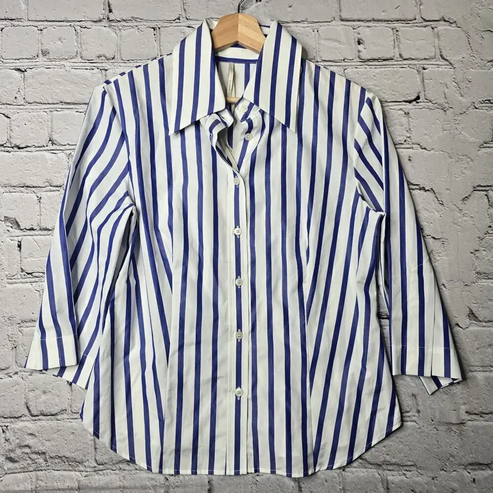 Usonia Womens White Blue Vertical Stripe 100% Cotton 3/4 Sleeve Blouse Size L - Picture 2 of 11